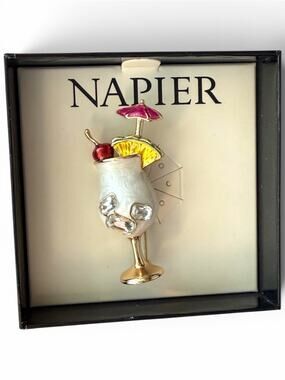New NAPIER Pina Colada Cocktail Brooch Pin Gold Tone Tropical Drink in Box